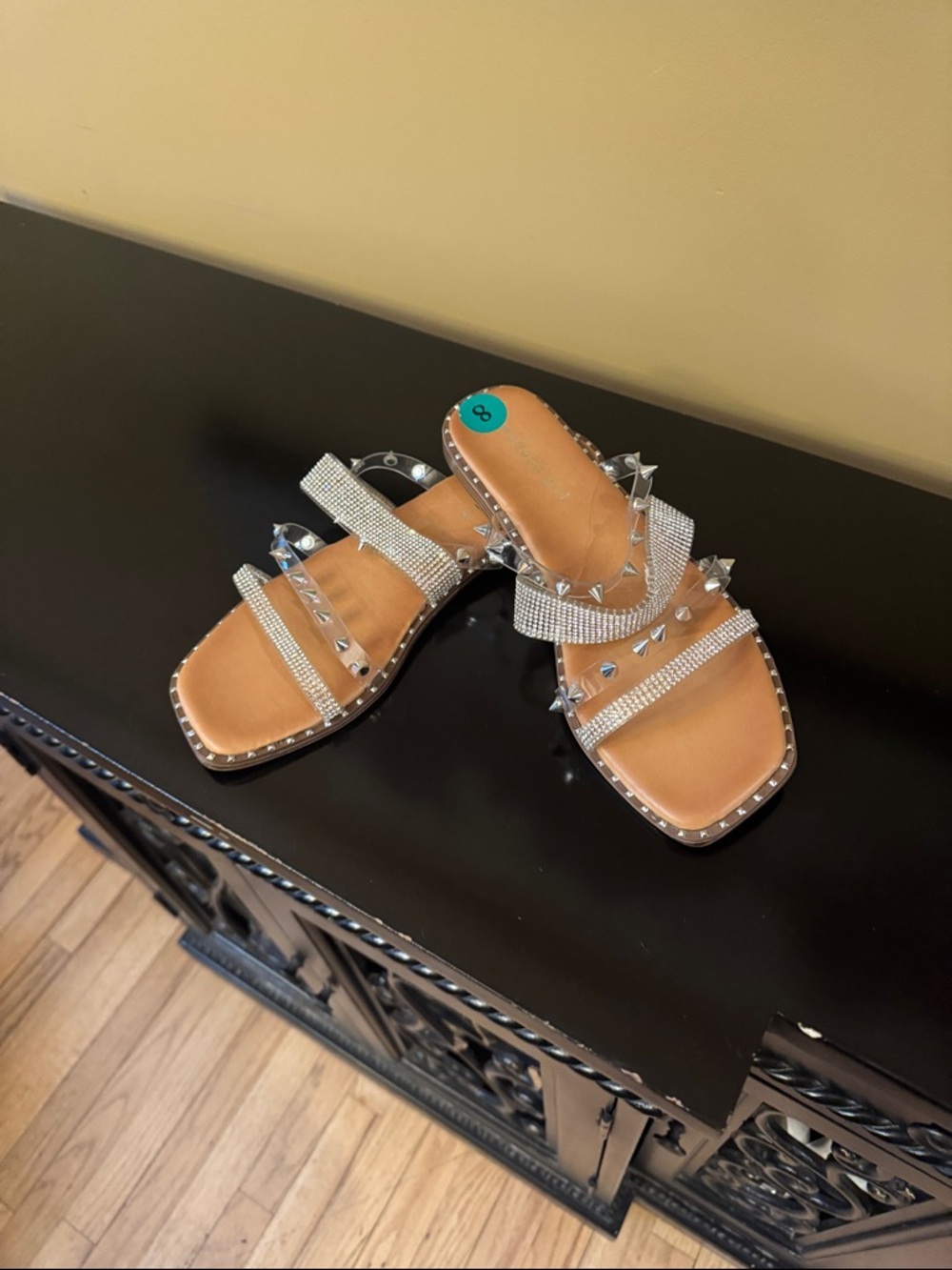 Madden Girl Tan Slide Sandals with Silver Rhinestones and Studs